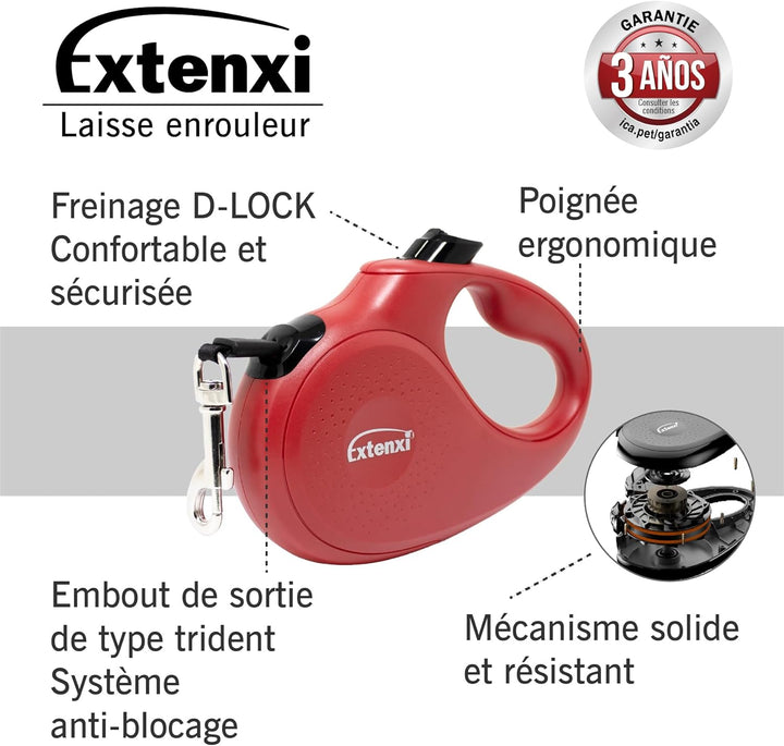 Extensi Hundeleine, einziehbar, bis 15 kg, Länge 5 m, Grösse S, ergonomischer und sicherer Griff rot