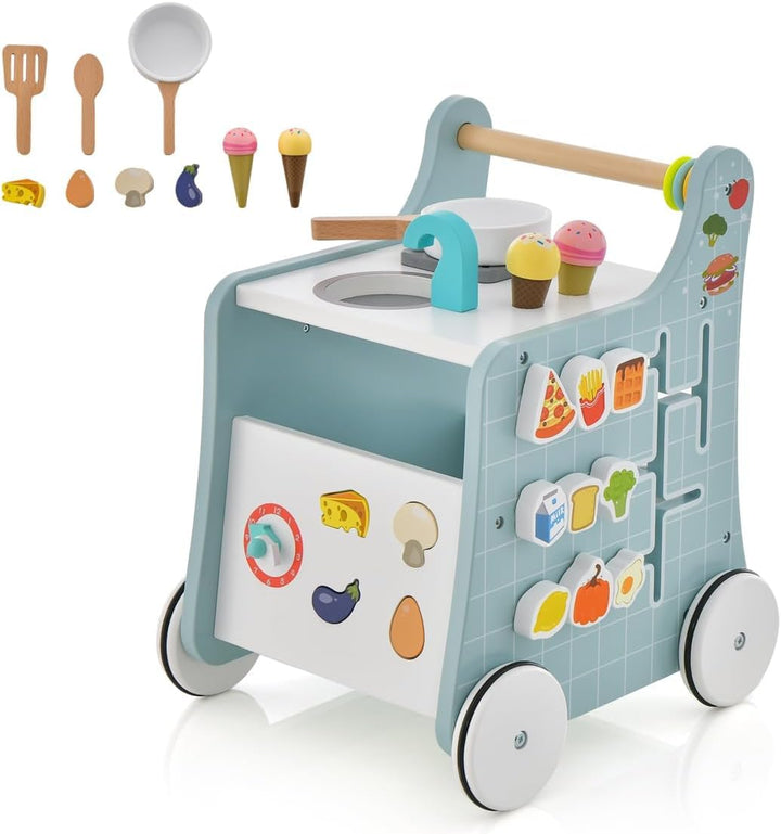 DREAMADE Lauflernwagen Holz, 6-in-1 hölzerne Lauflernhilfe, Baby Walker mit Blöcken & 9 Teilen Zubeh