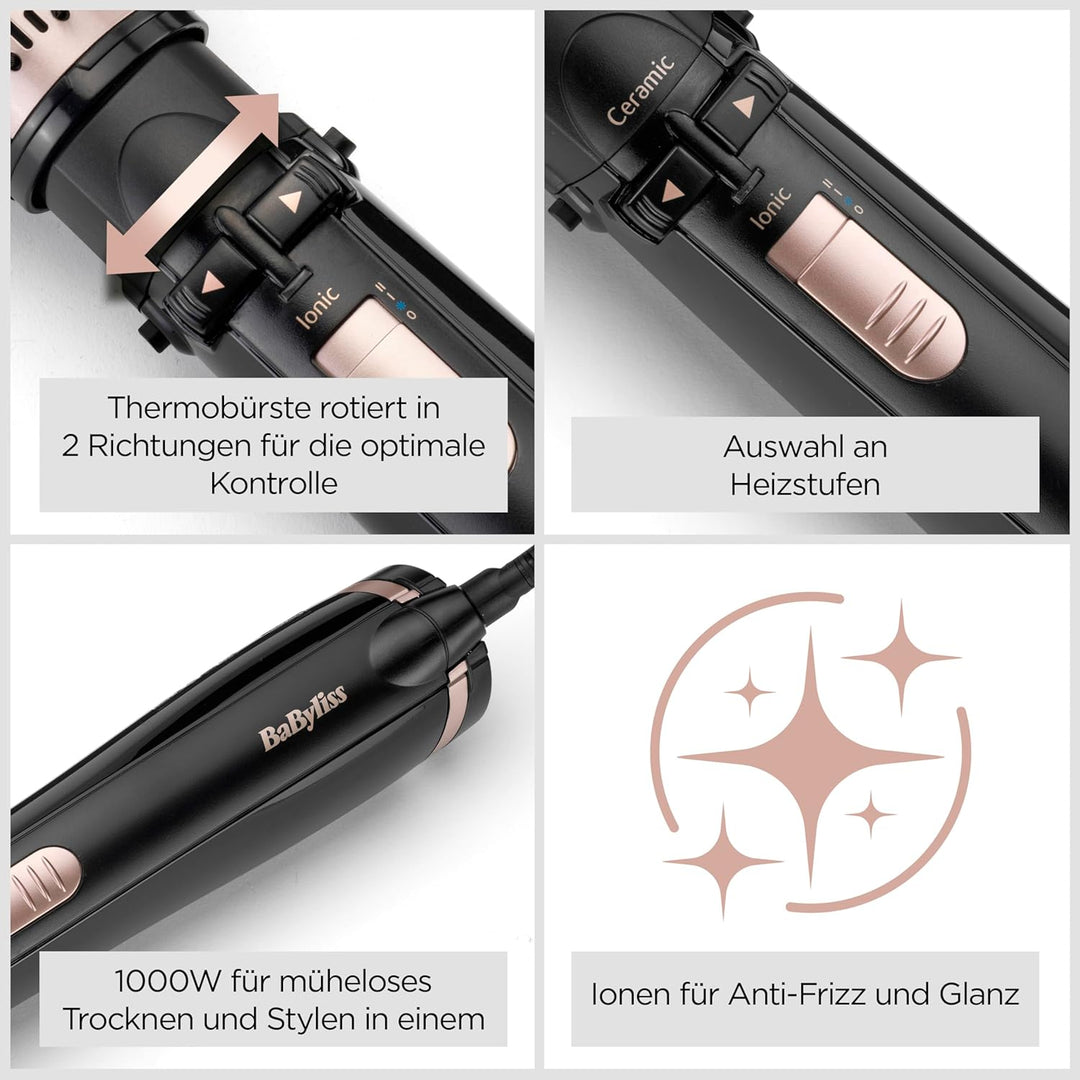 BaByliss rotierende Warmluftbürste mit 1000 Watt und 4 Aufsätzen zum Trocknen, Glätten, Formen und f