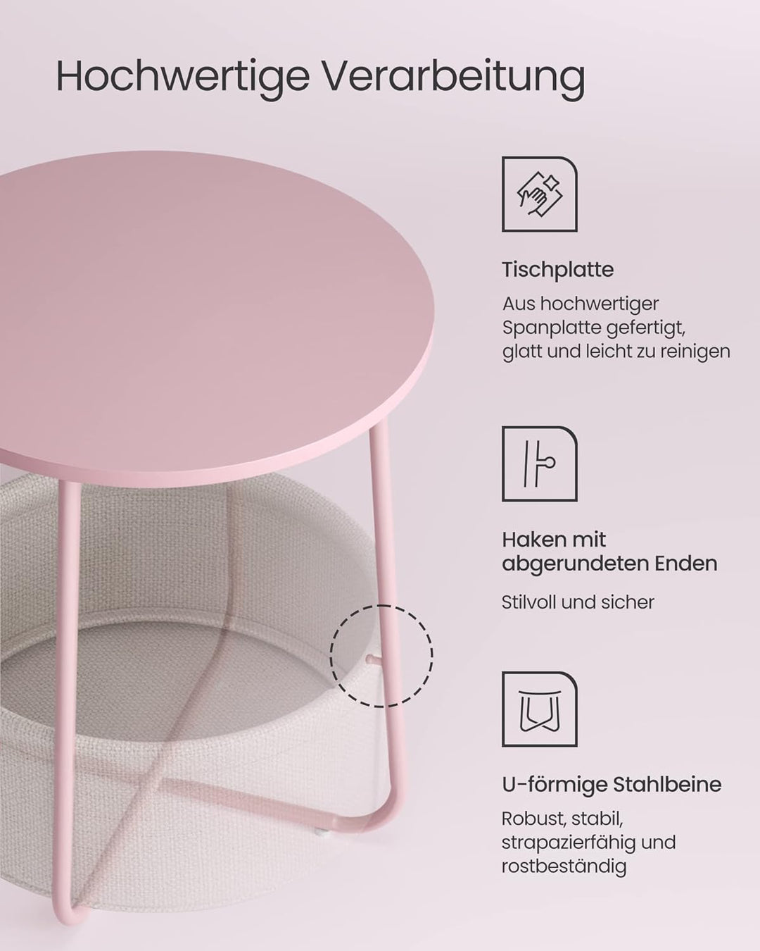 VASAGLE Beistelltisch rund, Kleiner Tisch, Couchtisch klein, Wohnzimmertisch mit Korb aus Stoff, Sta