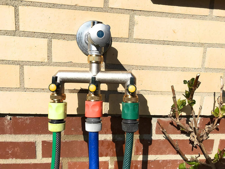 3-Wege Messing Wasserhahn Verteiler 3/4" Wasserverteiler 3er Gartenschlauch Adapter 1/2"