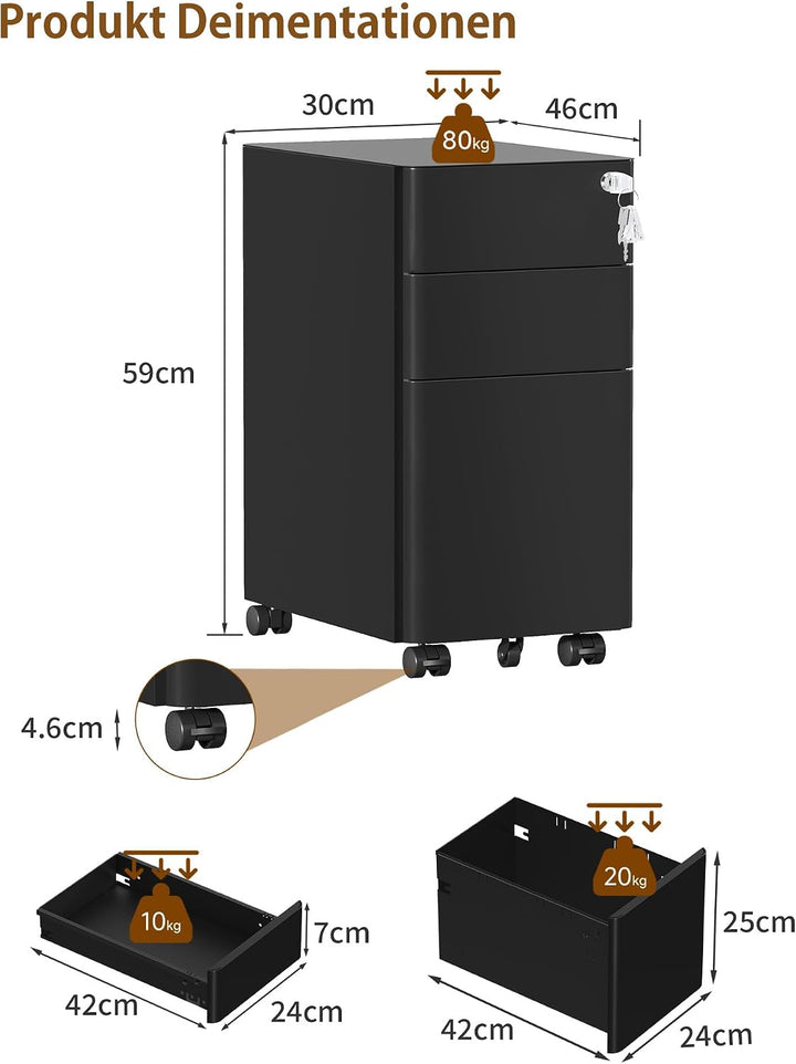 Rollcontainer, Mobiler Aktenschrank mit Schloss, Abgerundeten Ecken, 4 Schlüssel, Druckertisch, Bere
