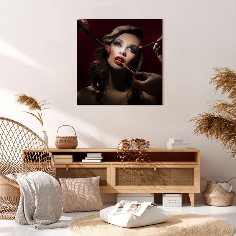 Bilder auf Leinwand 70x70cm Leinwandbild mit Rahmen Frau Make-up schön Gross Wanddeko Bild Schlafzim