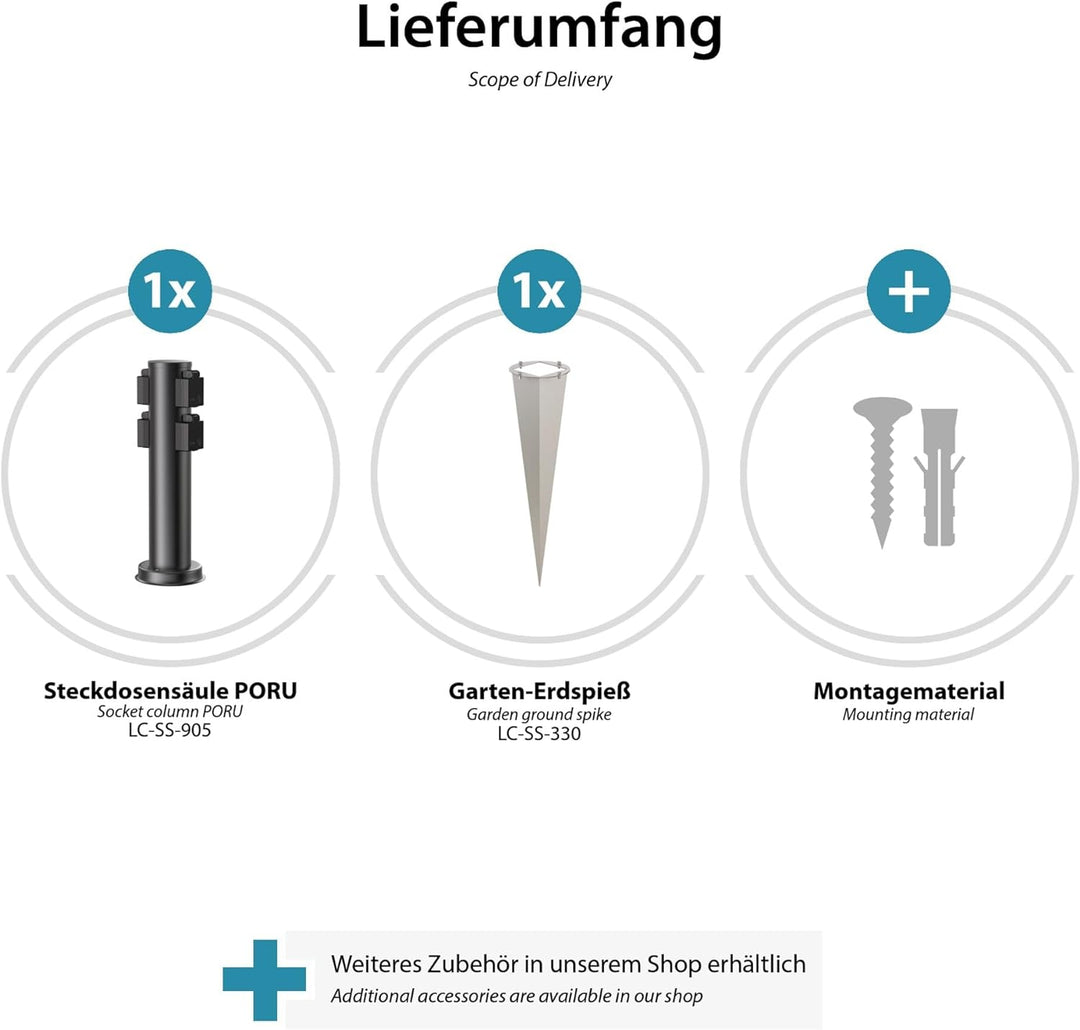 ledscom.de Garten-Steckdosen-Säule PORU mit Erdspiess für aussen, 4-Fach, Edelstahl, schwarz, rund,