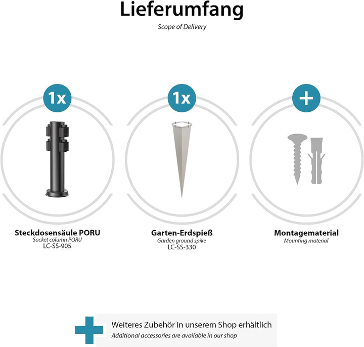 ledscom.de Garten-Steckdosen-Säule PORU mit Erdspiess für aussen, 4-Fach, Edelstahl, schwarz, rund,