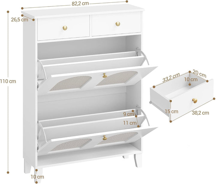 Hzuaneri Schuhschrank mit 2 Klappen, Grosser Rattan Schuhschrank Schmal Holz, Trennwand Verstellbar,