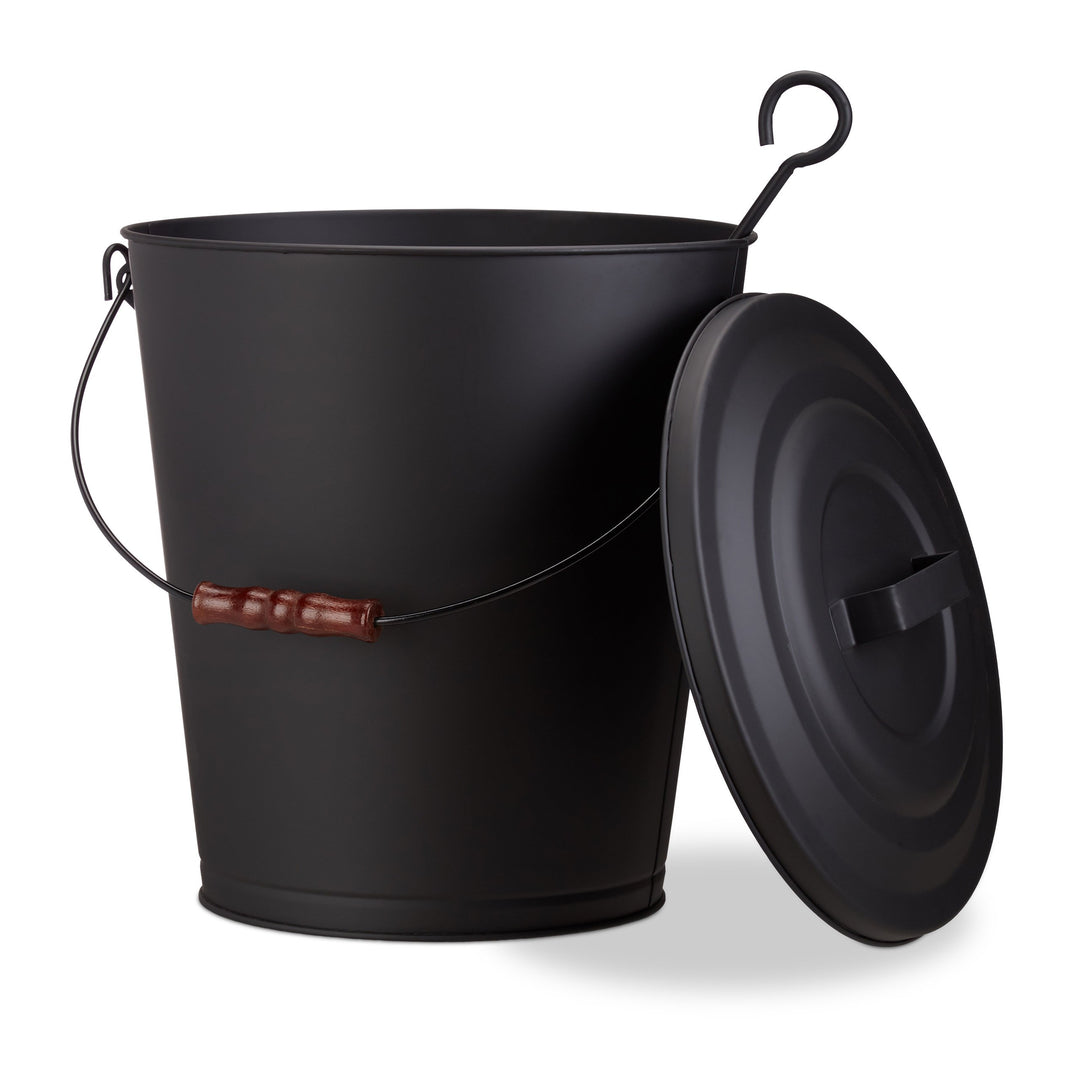 Relaxdays Ascheeimer mit Deckel, Stahl Kohleeimer mit 24 L Stauraum, Kamineimer mit Henkel und Holzg