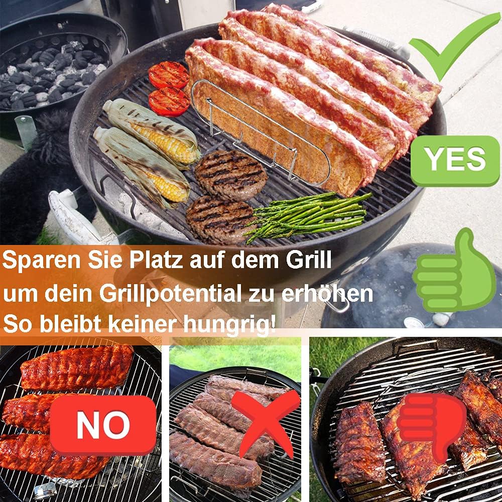 Spareribs Halter Grill – Braten und Rippchenhalter Edelstahl, Aufsatz zur Zubereitung von 5 Sparerib