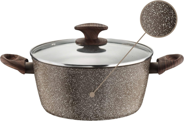 Pintinox Kasserolle aus Aluminium, Serie Natura, antihaftbeschichtet, Steinoptik, Griff in Holzoptik