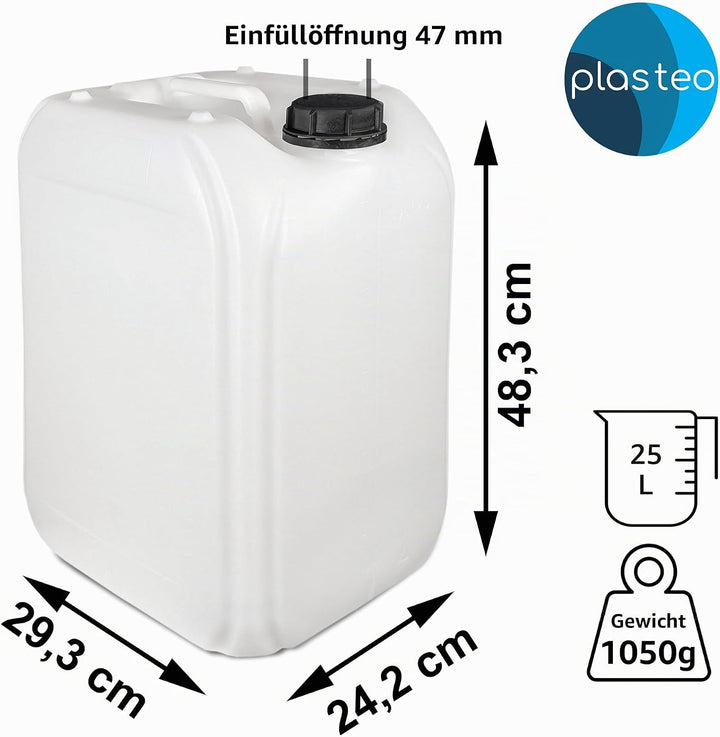 plasteo 25 Liter Getränke- und Wasserkanister DIN 61 | Lebensmittelecht BPA frei UN-Zugelassen | Hau