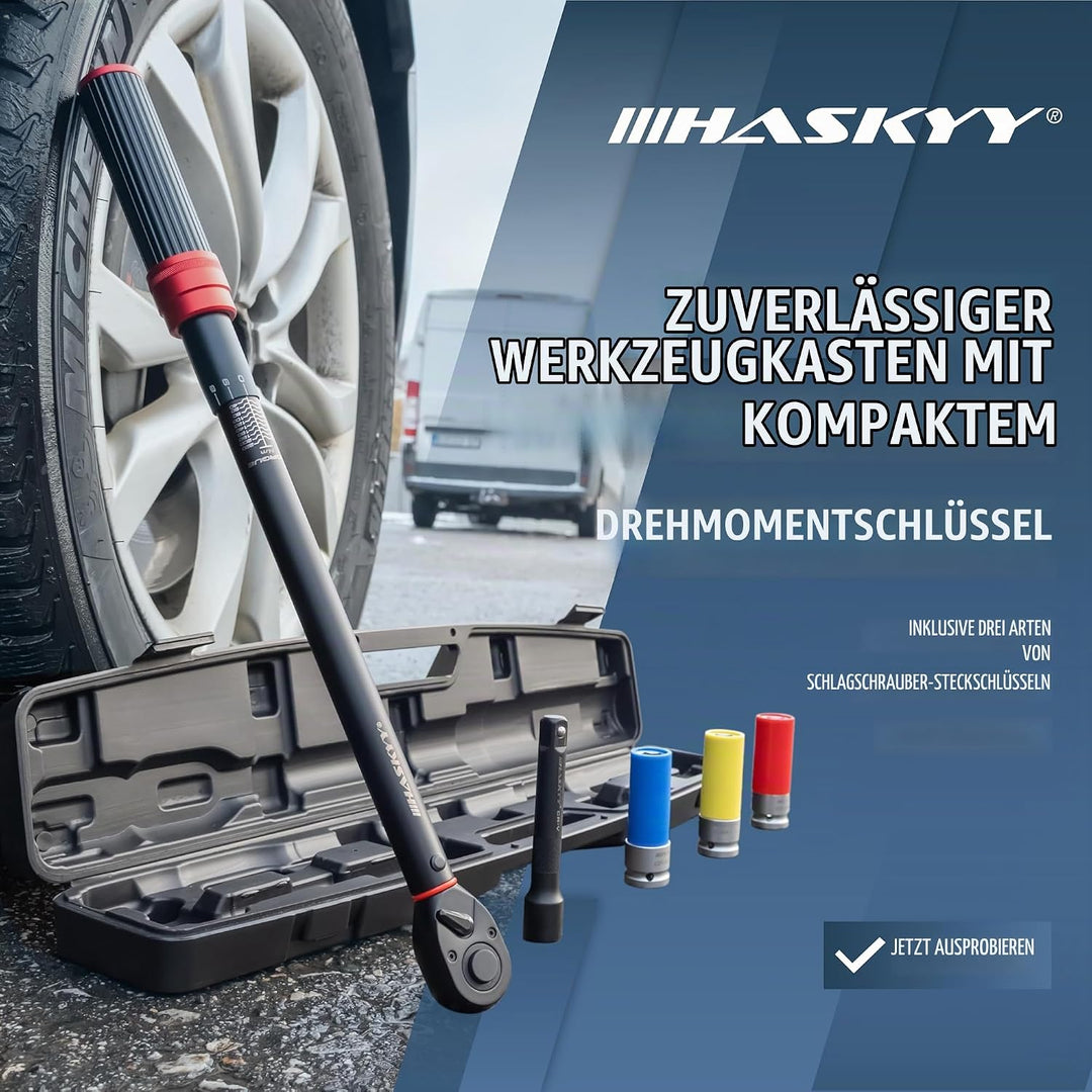 HASKYY Drehmomentschlüssel 1/2" 40-220Nm Schoneinsätze SW 17, 19, 21mm inkl. Verlängerungsadapter Dr