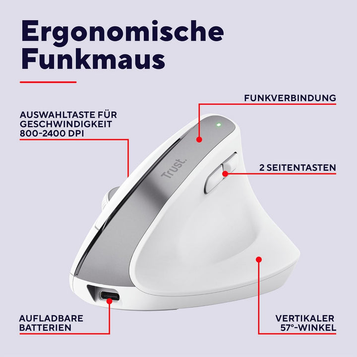 Trust Bayo+ Wiederaufladbare Vertikale Maus Bluetooth + RF 2.4GHz, Vorbeugung Gegen Mausarm/Tennisar