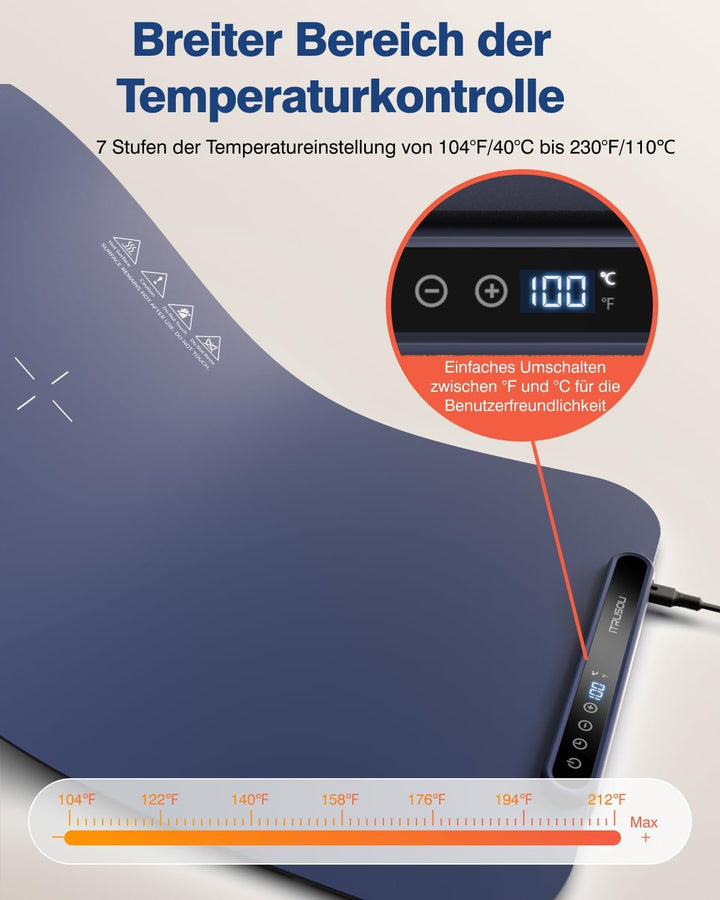 Elektrische Warmhalteplatte, Silikon-Wärmematte für Lebensmittel mit 7 Temperaturstufen, umschaltbar