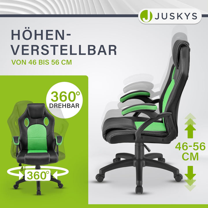 Juskys Racing Schreibtischstuhl Montreal grün | Armlehnen gepolstert & ergonomische Rückenlehne | Bü