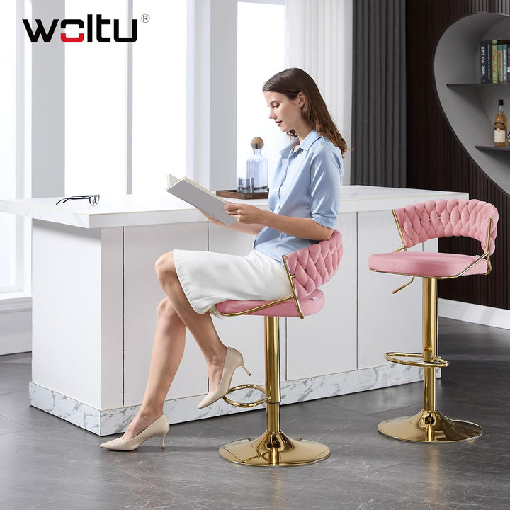 WOLTU Barhocker 2er Set, mit geflochtener Rückenlehne, Samthocker, Rosa | Barstuhl 360° drehbar, höh