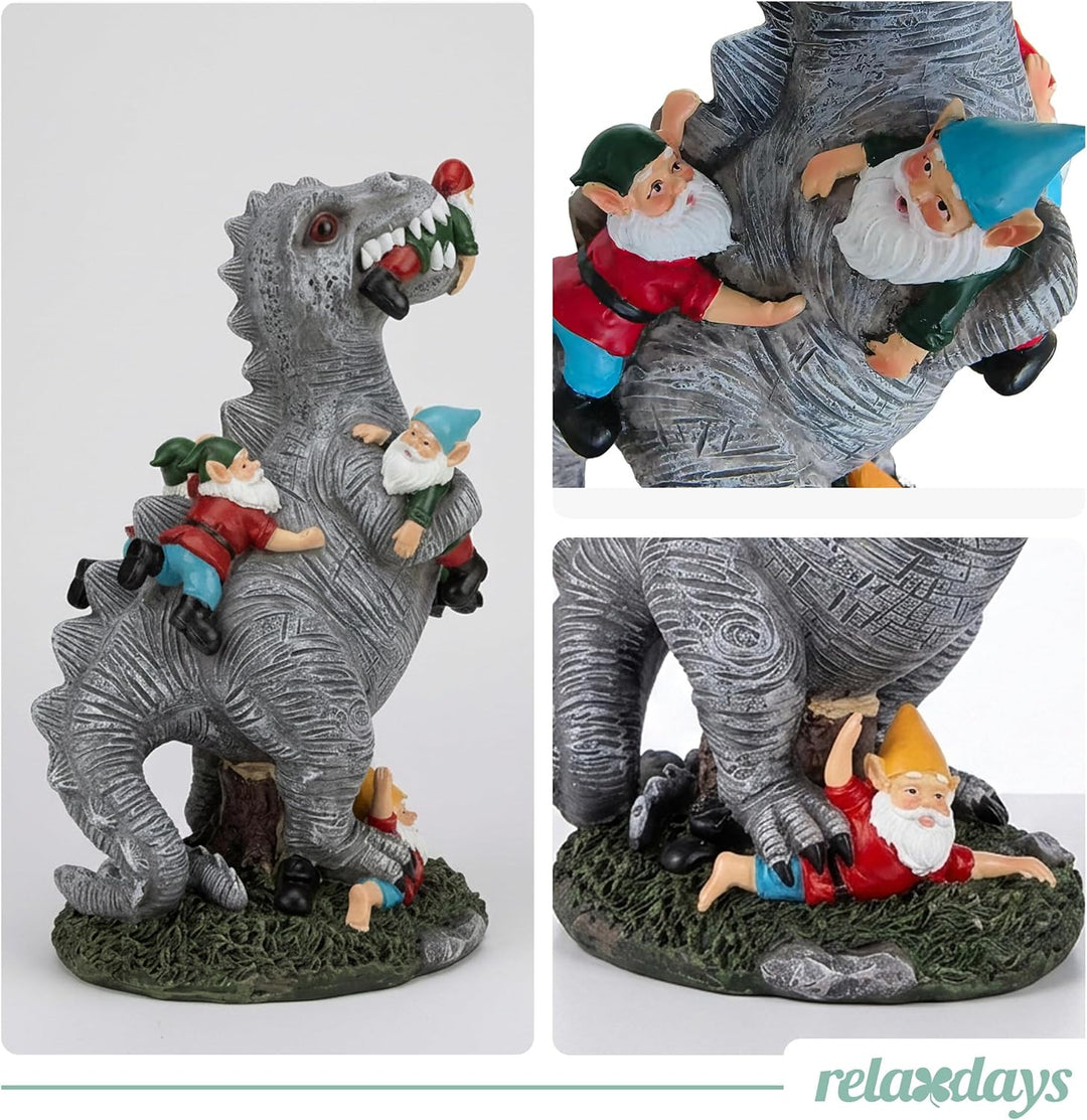 Relaxdays Gartenfigur, Dinosaurier frisst Gartenzwerge, wetterfeste Deko, Kleingarten, Kunstharz, 28