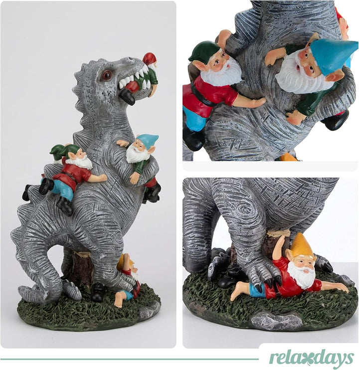 Relaxdays Gartenfigur, Dinosaurier frisst Gartenzwerge, wetterfeste Deko, Kleingarten, Kunstharz, 28