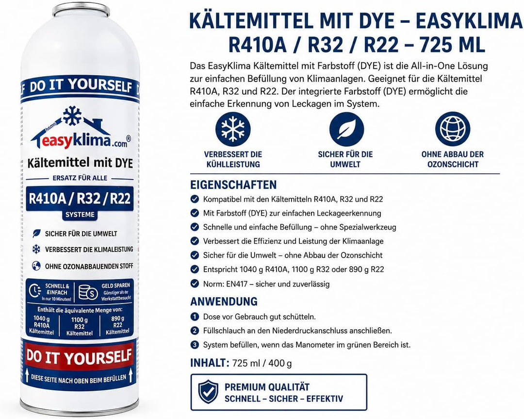 EasyKlima R410A R32 R22 400g/725ml Nachfüllset mit Manometer &amp; Adapter – Kältemittel inkl. Servicesc