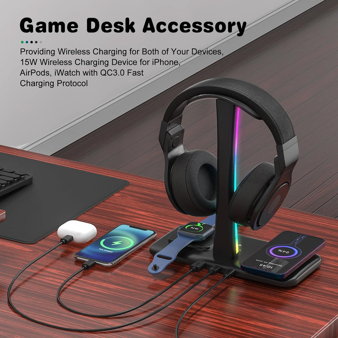 Padwa Lifestyle Wireless-Ladegerät mit RGB-Kopfhörer-LED-Ständer, mit 2 x USB-Anschlüssen und 1 x Ty