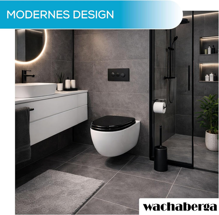Toilettendeckel schwarz mit Absenkautomatik, WC Sitz Oval Duroplast mit Softclose, stabilen Edelstah