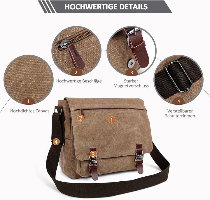 DORRISO Herren Umhängetasche Mode Schultertasche Leinwand Schultertaschen für 13.3 Zoll Laptop Kurie