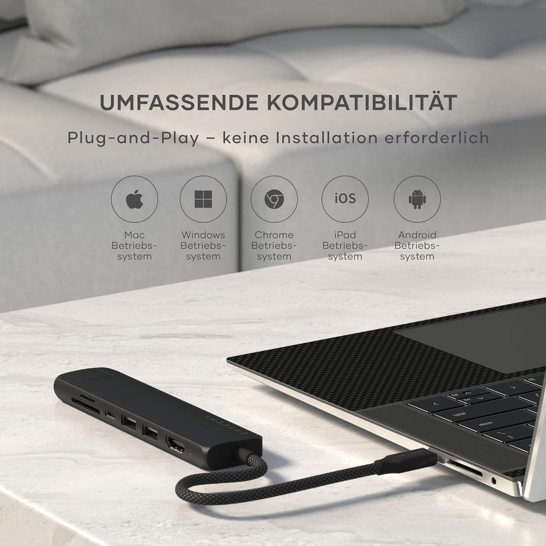 SATECHI 7-in-1 Slim Plus USB-C-Hub, Multiport-Adapter mit Ethernet, 100-W-PD-Ladefunktion, HDMI 4K@6