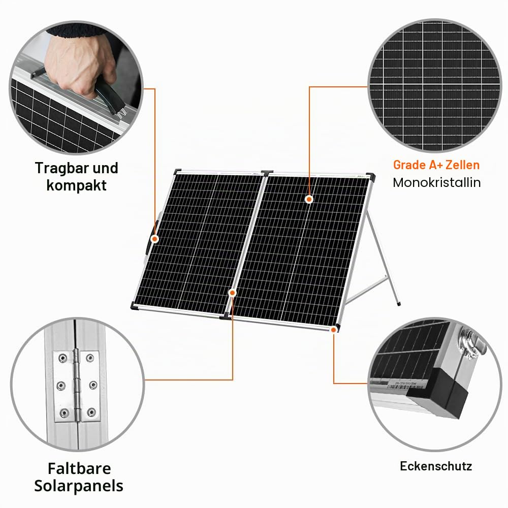 DOKIO Faltbares mobiles Solar-Panel 100 Watt mit monokristallinen Zellen, Integrierter 12-Volt-Lader