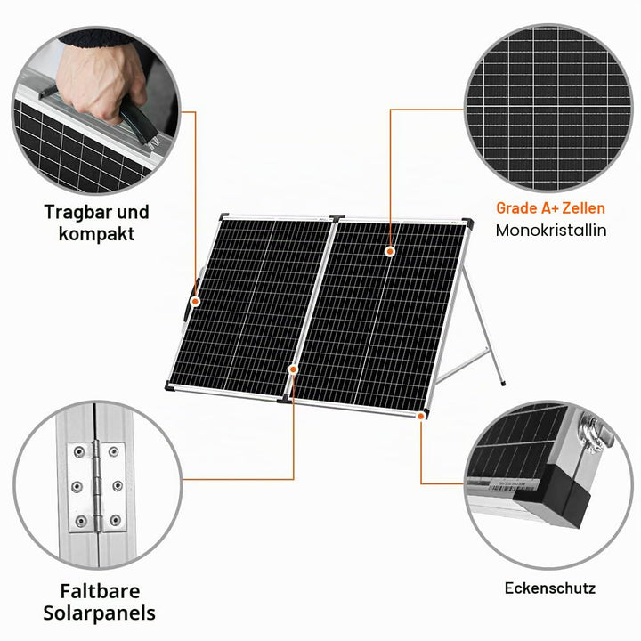 DOKIO Faltbares mobiles Solar-Panel 100 Watt mit monokristallinen Zellen, Integrierter 12-Volt-Lader