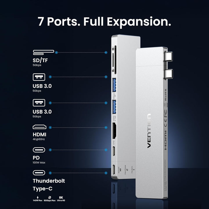 VENTION MacBook USB Adapter, 8-in-2 Mac Hub mit Dual USB C, Abnehmbarem Magnetischen USB-C-Stecker,