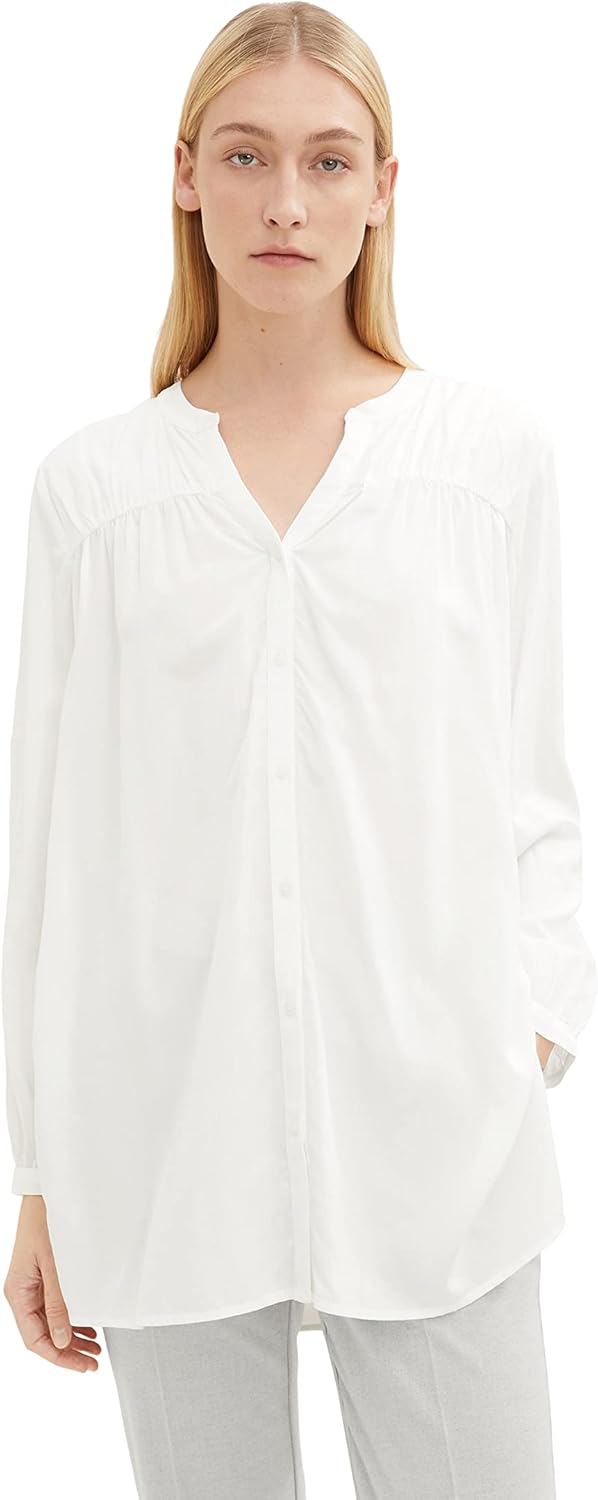 TOM TAILOR Damen Longstyle Bluse mit V-Ausschnitt, 10315 - Whisper White