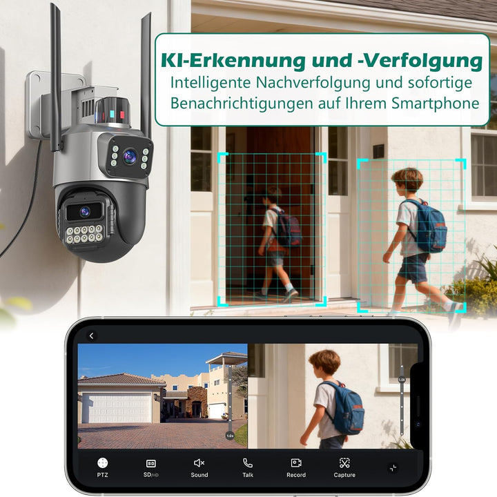 5G Kamera Überwachung Aussen,6MP Dual Objektiv Überwachungskamera Aussen, IP66 AussenSicherheitskame