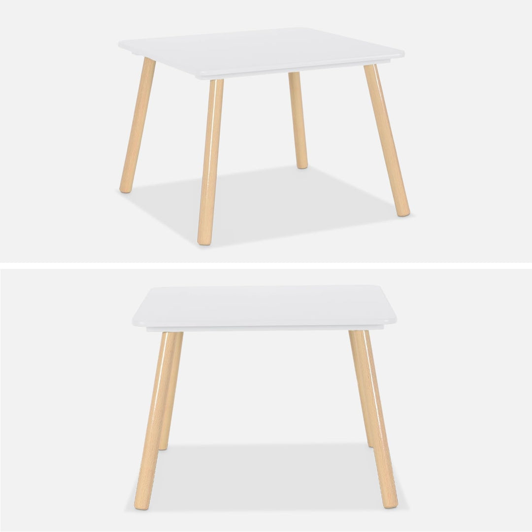 sweeek - Quadratischer Kindertisch mit 2 Stühlen, Beine aus Kiefernholz - Judith Weiss, Weiss