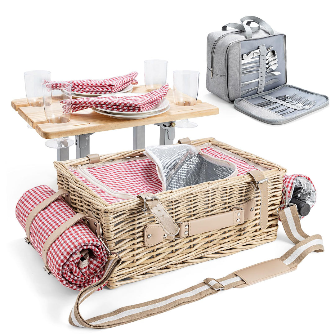 Picknickkorb-Set aus Weide für 4 Personen – mit abnehmbarem Tisch, Bestecktasche, isolierter Kühltas