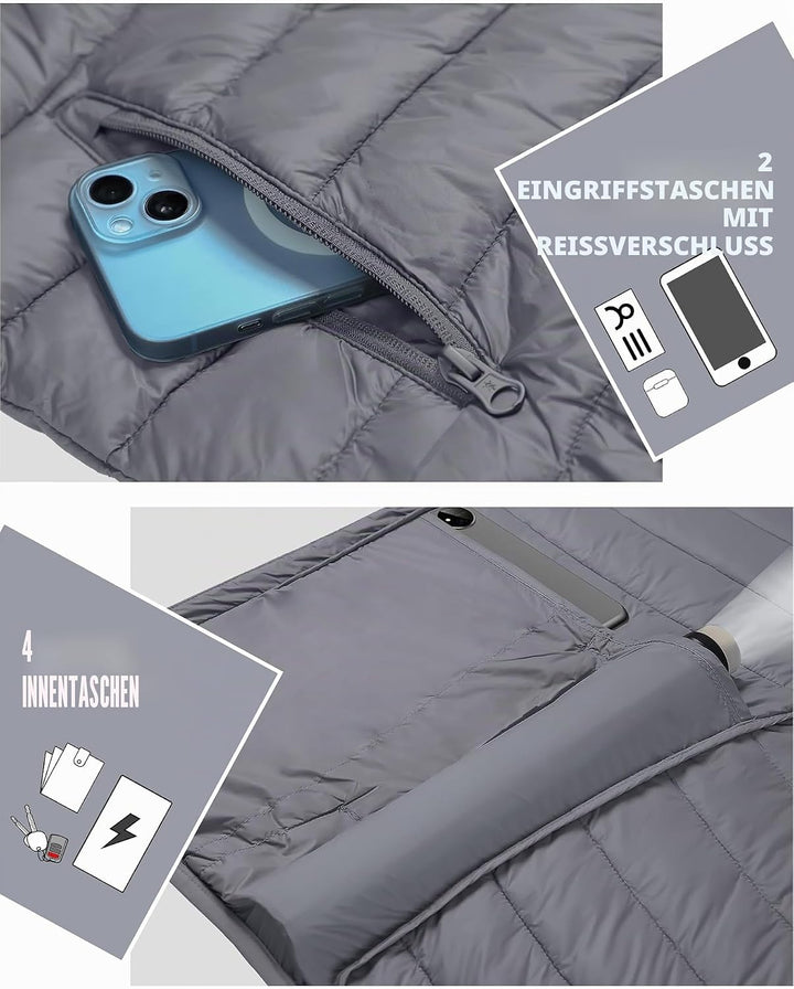 Herren Steppjacke Leichte Daunenjacken Winterjacke Übergangsjacke Outdoorjacke mit Kapuze und 6 Tasc