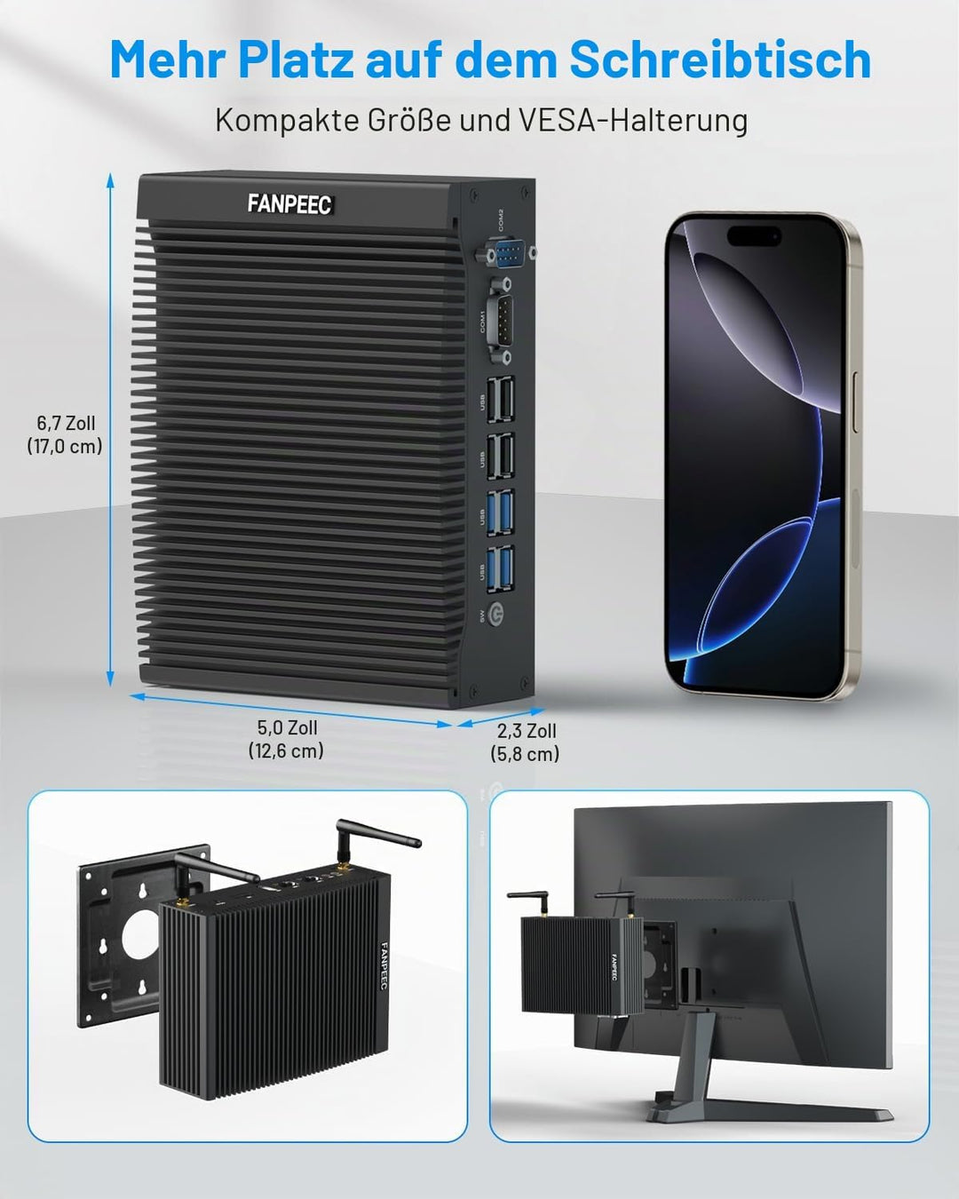 FANPEEC Fanless PC Core i3 6157U, Industrial Mini PC Windows 10 Pro 8 GB RAM 256 GB SSD, Desktop PC