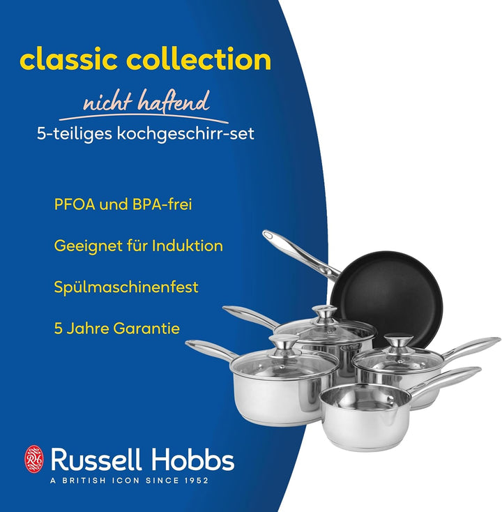 Russell Hobbs Topfsets Pfannenset 5-teilig - Antihaft-Edelstahl Kochgeschirr-Set, Bratpfanne 24cm, T