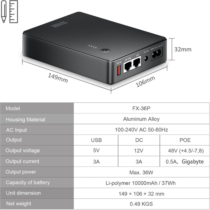Mini UPS mit Gigabit POE für Router, Modem, Überwachungskamera, Eingang AC Ausgang 5V USB 12V DC und