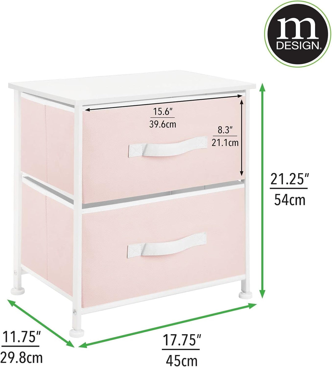 mDesign Nachttisch mit 2 Schubladen – Schrank Organizer aus Stoff, Metall und MDF – dekoratives Aufb
