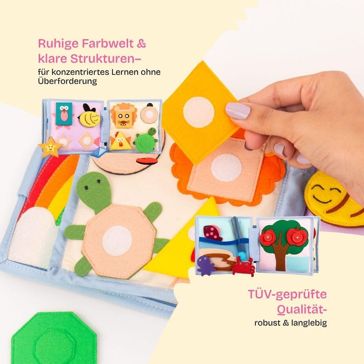 Jolly Designs 6-seitiges Mini Quiet Book Sonnenschein - Montessori Lernspielzeug aus hochwertigem St