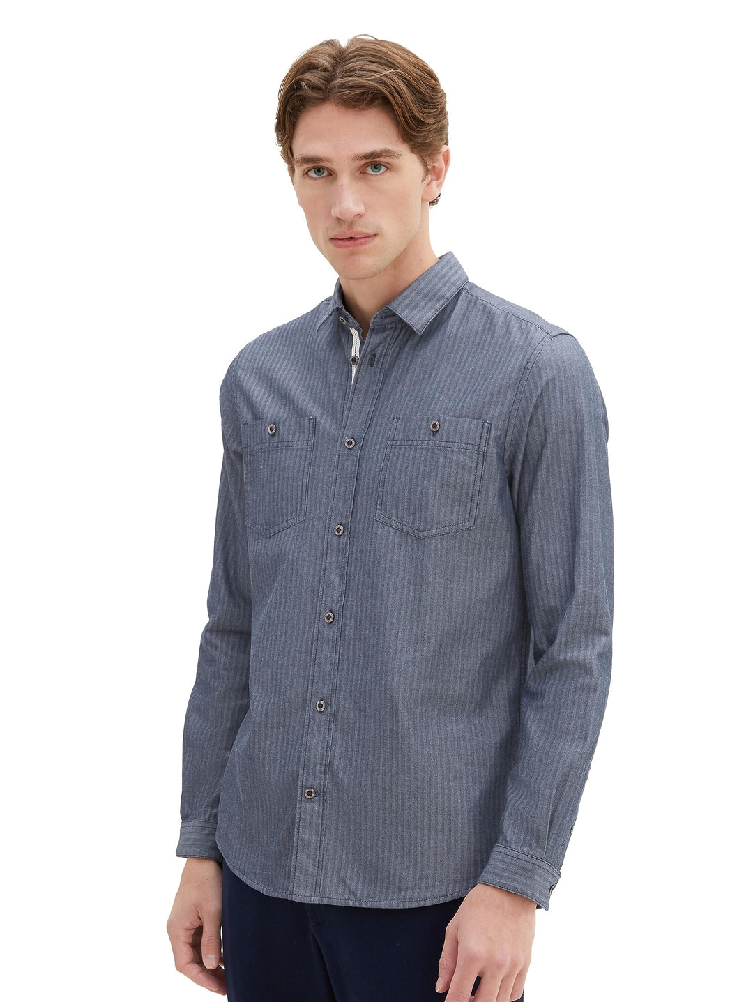 TOM TAILOR Herren Regular Fit Hemd mit aufgesetzten Brusttaschen M 32322-navy Herringbone Structure,