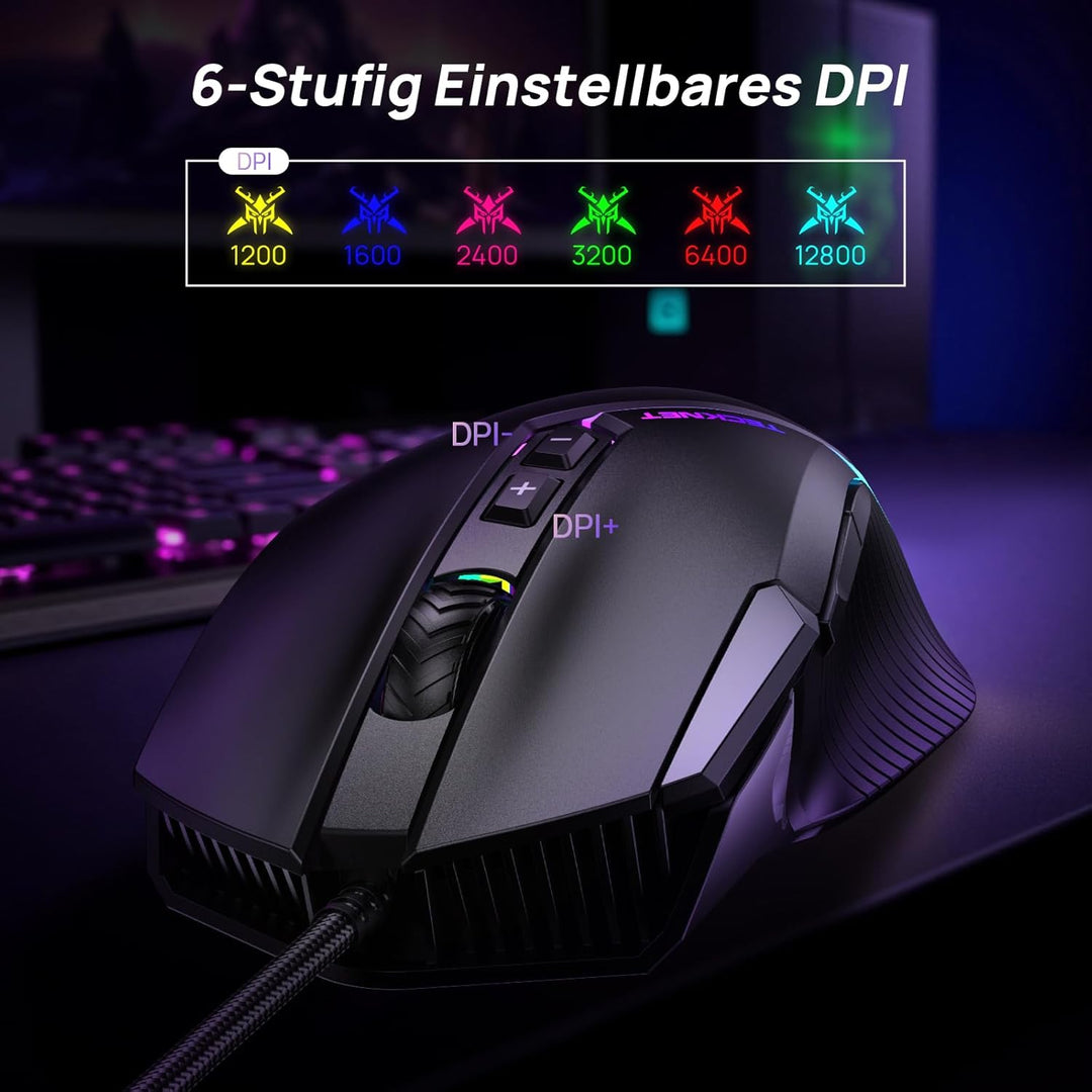 TECKNET Kabelgebundene Gaming Maus, Treibereinstellung 6 Stufen (12800-1200) DPI Mouse mit optischem