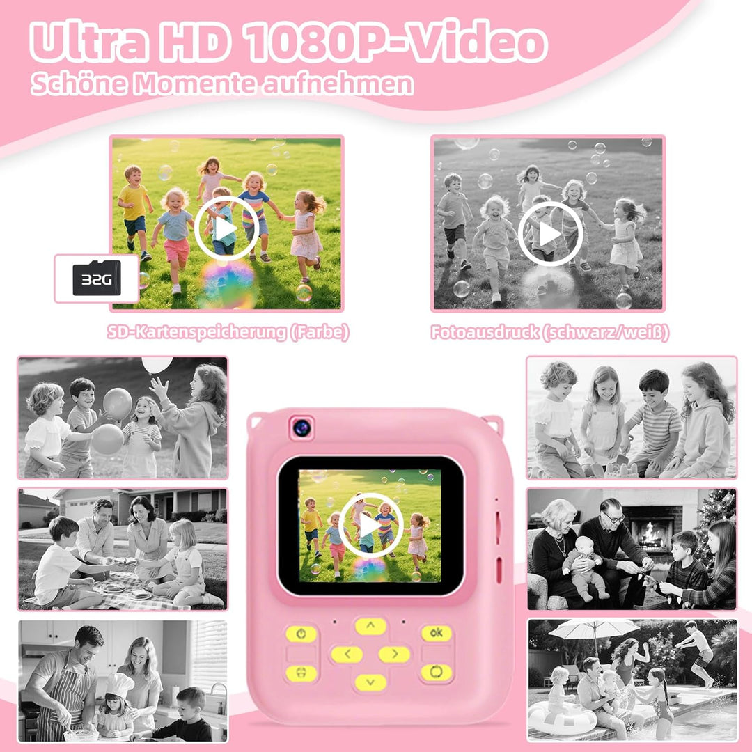 Kinder Sofortbildkamera 1080P, Digitalkamera für Kinder mit Sofortdruck, 32GB Speicherkarte & 3 Druc