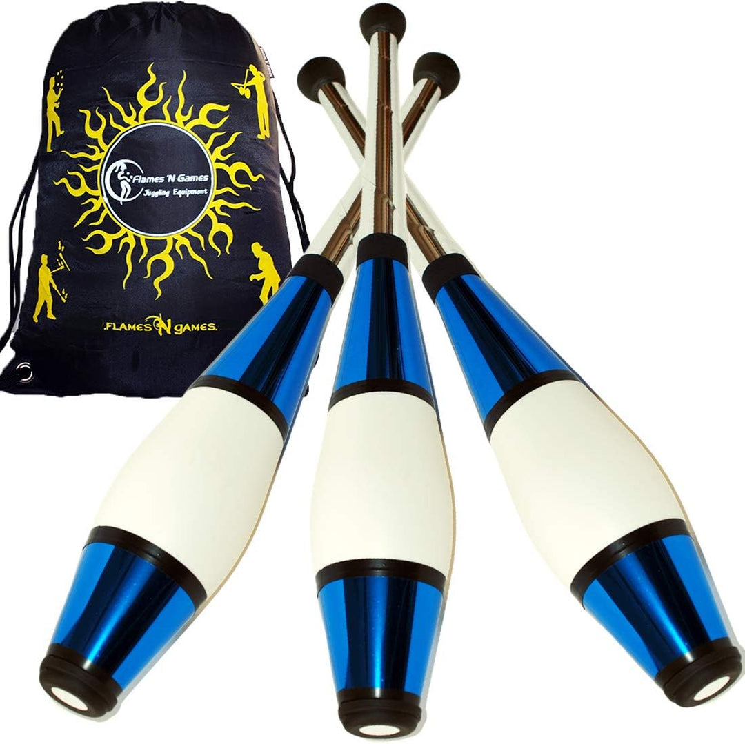 Juggle Dream Euro PRO Jonglierkeulen 3er-Set (Blau) Jonglier Keulen Training Set + Flames N Games Re