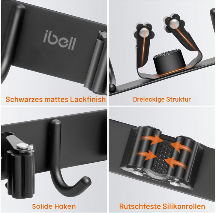 2 Stück Besenhalterung Wand, ibell Gerätehalter Edelstahl mit 4 Halter und 5 Haken, Gartengerätehalt