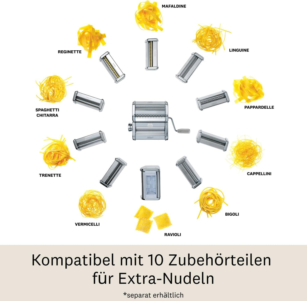 Marcato – Atlas+ Nudelmaschine für frische Pasta aus eloxiertem Aluminium mit 4 Formen | Lasagne, Fe