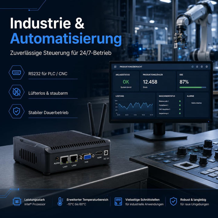Lüfterloser Industrie Mini PC mit Celeron N2940, 8GB DDR3 RAM, 128GB SSD, Dual LAN, 6 USB, HDMI, VGA