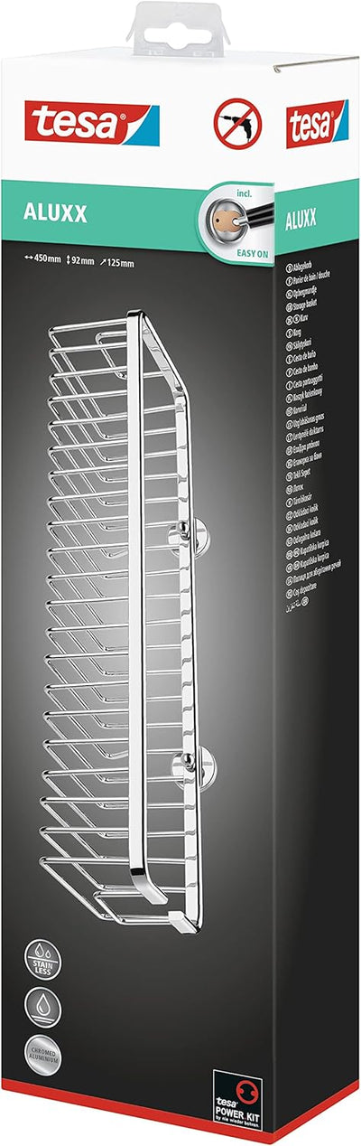 tesa ALUXX Duschkorb ohne Bohren, extra breit (45cm), Aluminium, verchromt, rostfrei, inkl. Klebelös