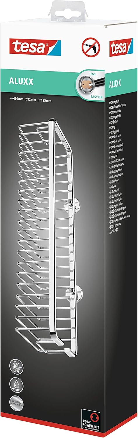 tesa ALUXX Duschkorb ohne Bohren, extra breit (45cm), Aluminium, verchromt, rostfrei, inkl. Klebelös