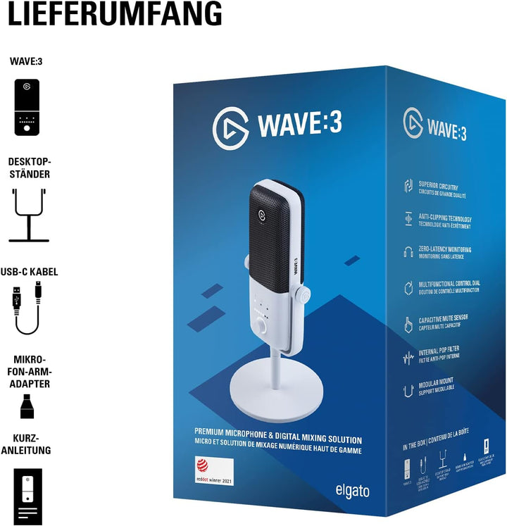 Elgato Wave:3 White - Professionelles USB-Kondensatormikrofon für Streaming, Podcasts, Gaming und Ho