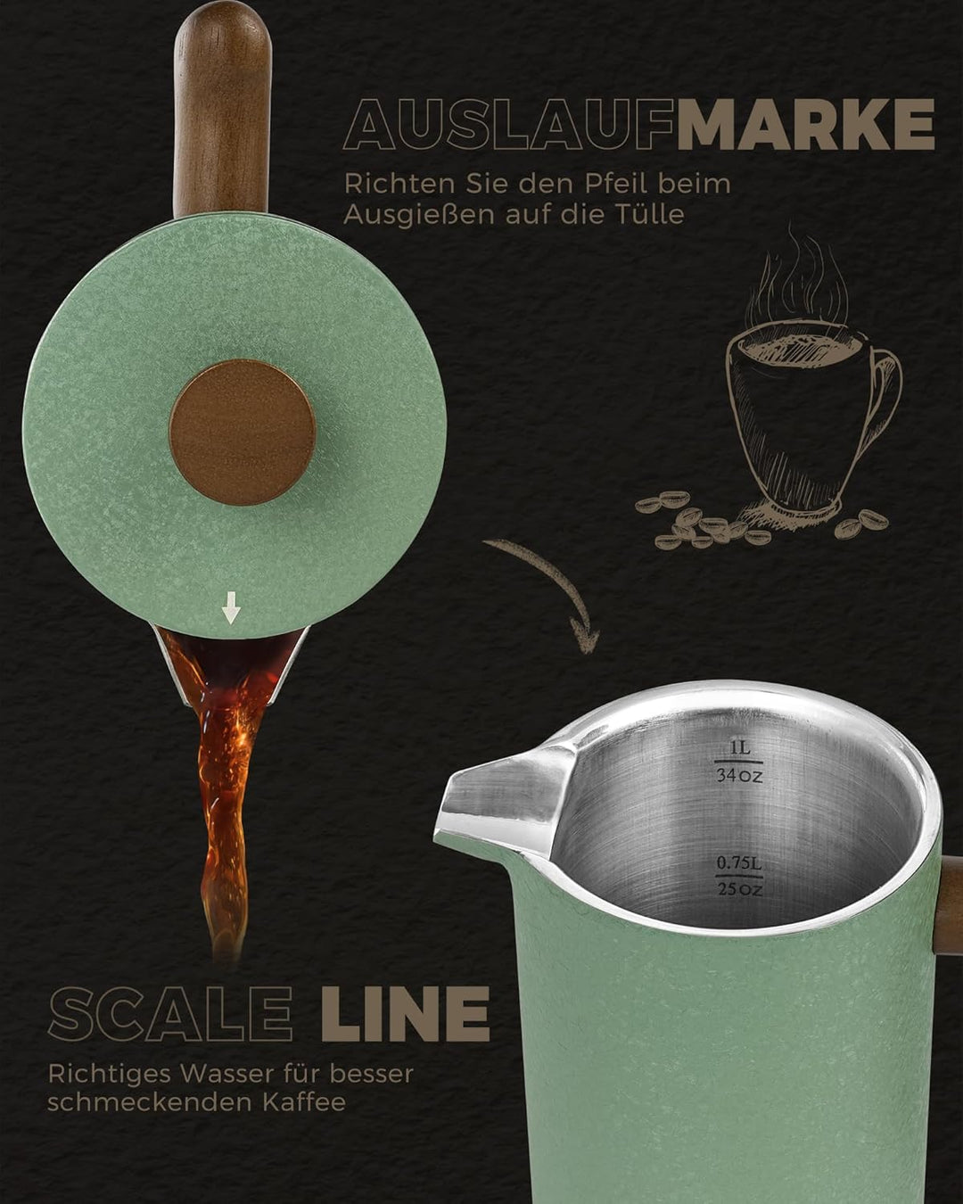 Poliviar French Press aus Edelstahl, Thermo Kaffeebereiter Doppelwandig isoliert, Kaffeebereiter 1 L